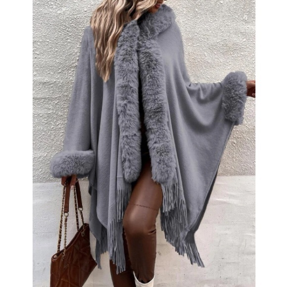Cozy vegan fur dolman sleeve tssel poncho shawl scarf wrap cardigan - Picture 16 of 16
